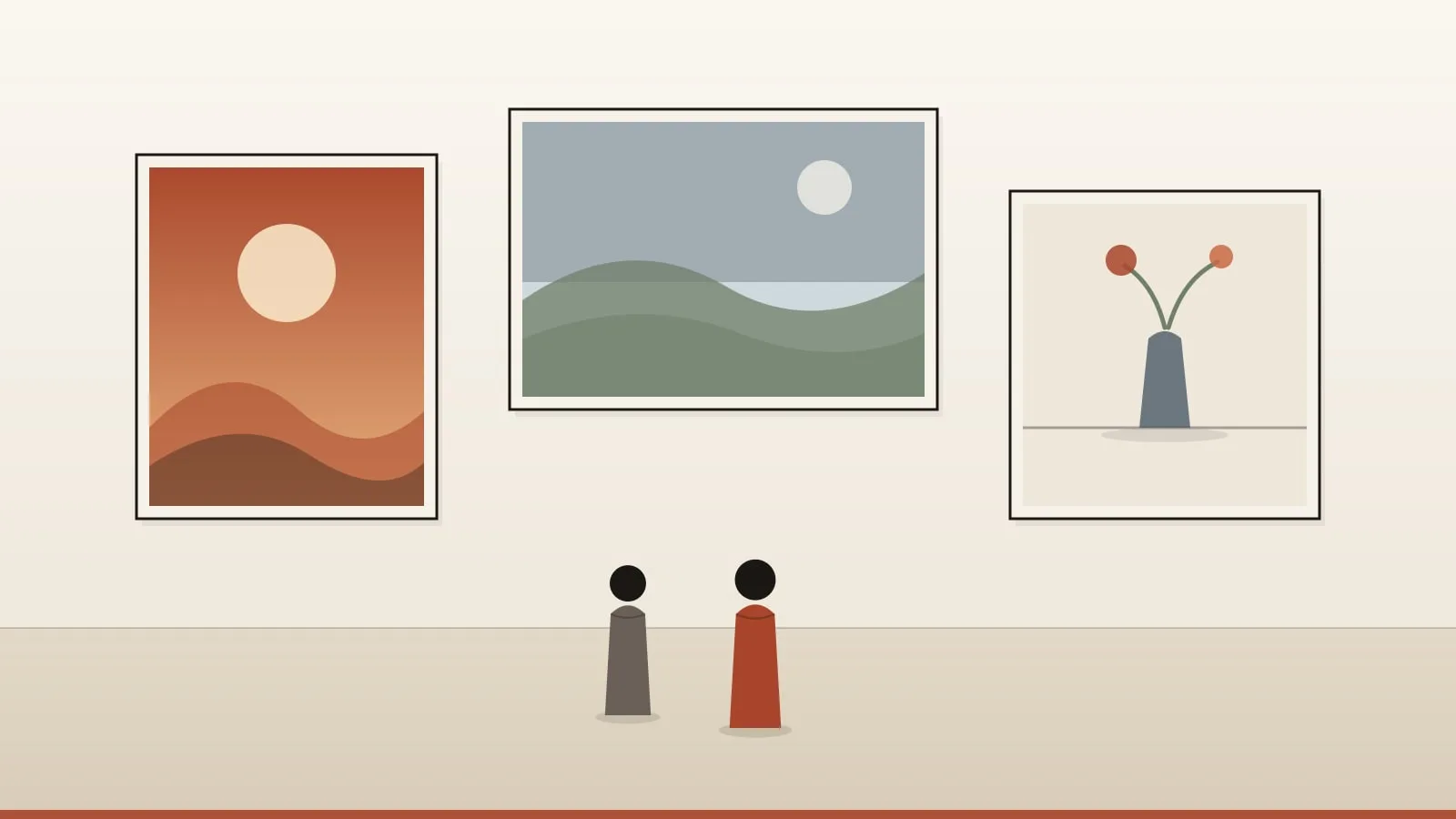 An illustrated gallery wall: three framed paintings — a sunset landscape, a green valley and a still life — with two people standing back to look at them.